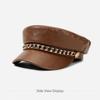 Metal Chain Decor Newsboy Cap PU Leather Flat Top Cap Stylish Baker Boy Cap  For Women