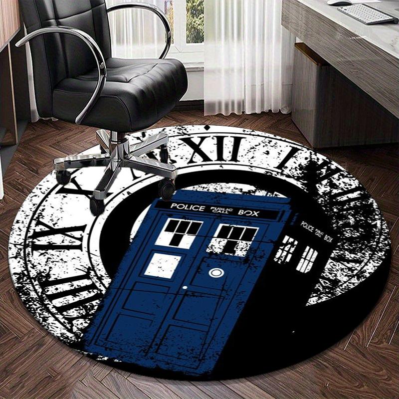 Police Box Time Travel Round Carpet Chair Cushion Round Entryway Rug, Soft Round Rugs for Living Room, Bedroom, Circle Carpet Decor Gifts