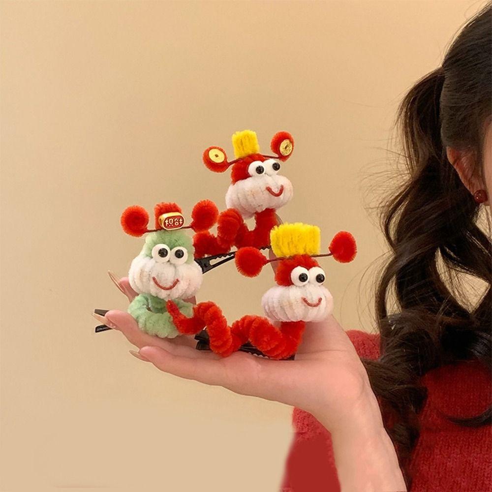 Cartoon Chinese New Year Headwear God of Wealth Cute Animals Hair Clip Red Snake Hairpin  Children