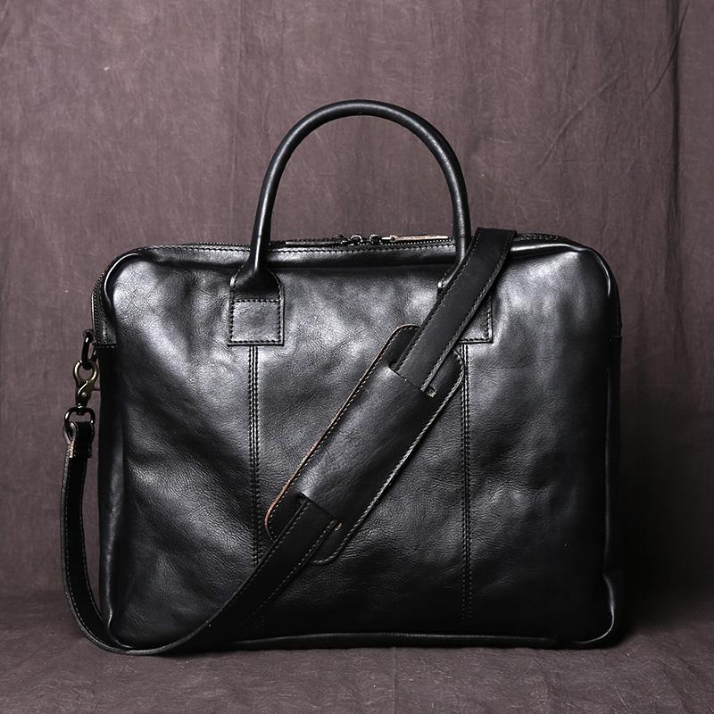 

NZPJ Retro Handmade Top Layer Cowhide Leather Men s Handbag Vegetable Tanned Horizontal Computer Bag Zipper Briefcase чорний