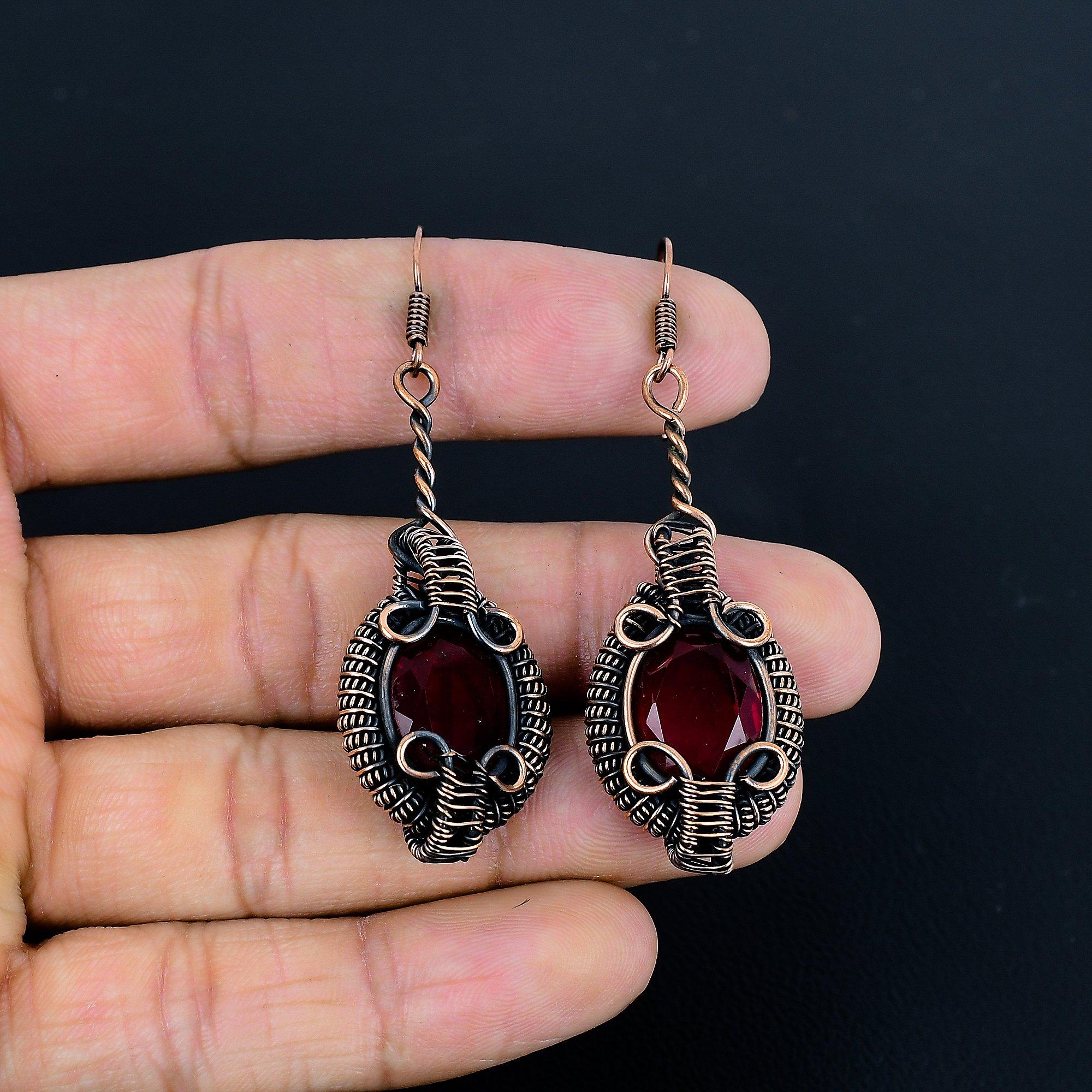 

Украшения из красного граната, серьги, обернутые медной проволокой 999 пробы, серьги ручной работы с драгоценными камнями ко Дню памяти 2.55 Inches