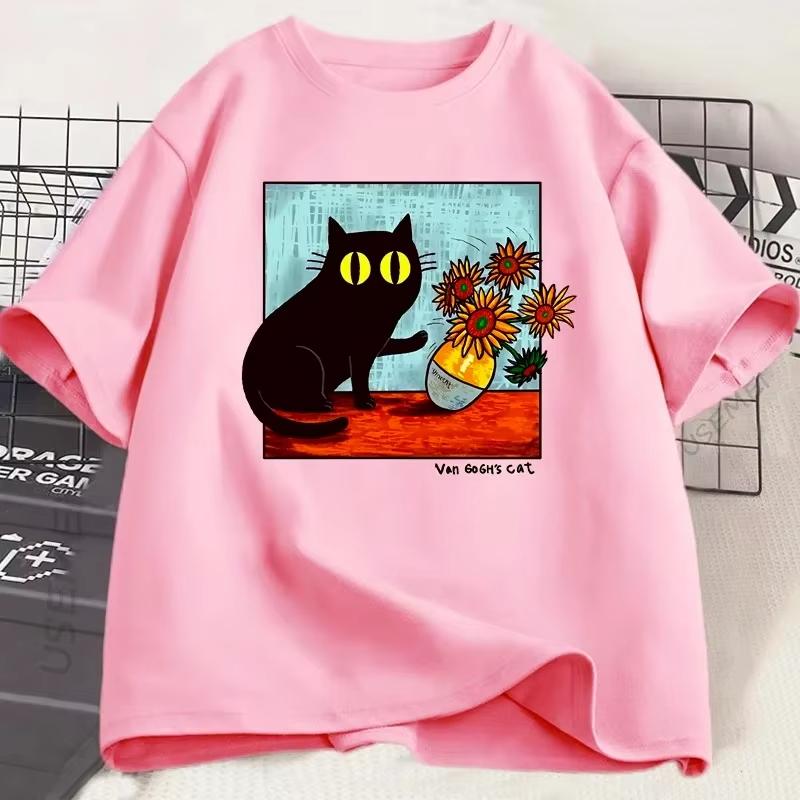 Van Gogh Women S CAT Printing Camiseta Black Cat Flower Camiseta De Manga Corta Camiseta