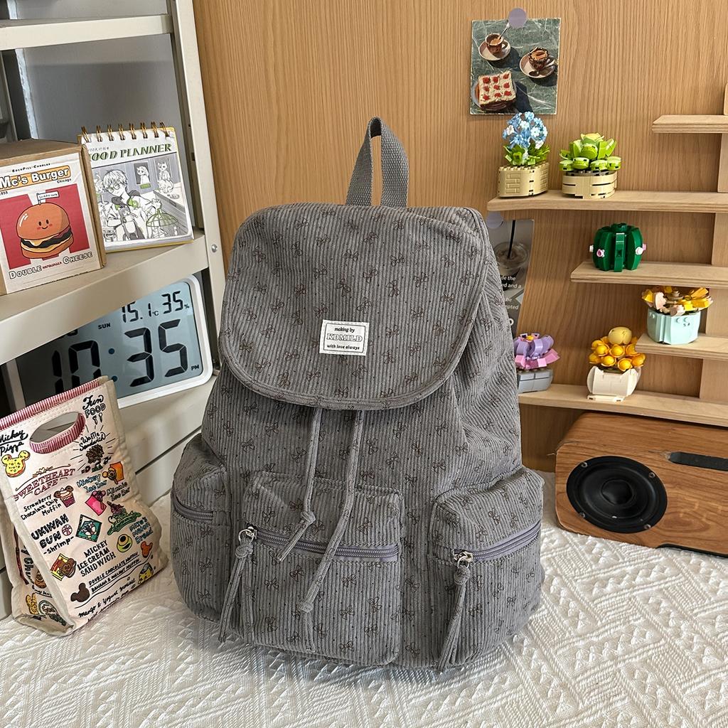 Schoolbag Corduroy Korean Simple Mini Backpack Female Sweet Student Versatile Lightweight Drawstring Commuter Small Backpack