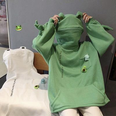 Unisex Frog Zipper Hoodie Fleece Lined Springtime Embroidery Oversized Sweatshirt Harajuku Warm Pullover Korean Style