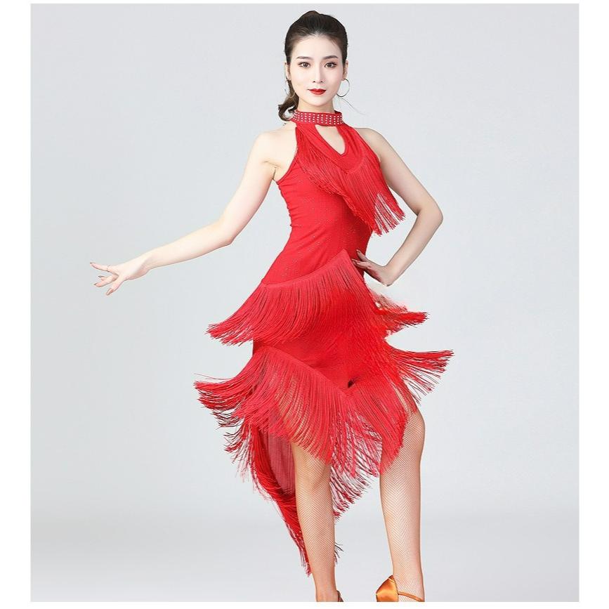 Latin Dance Skirt Tassel Sequins Latin Dance Skirt Cheongsam Dance Costume Stage Costume