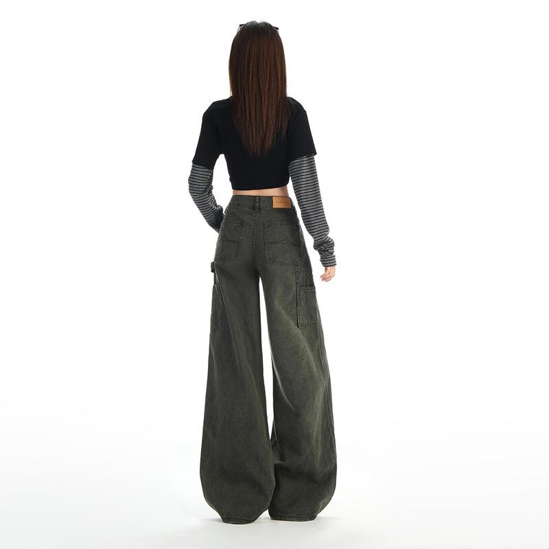 Army green utility jeans for women, new autumn American low-rise loose straight-leg versatile wide-leg pants