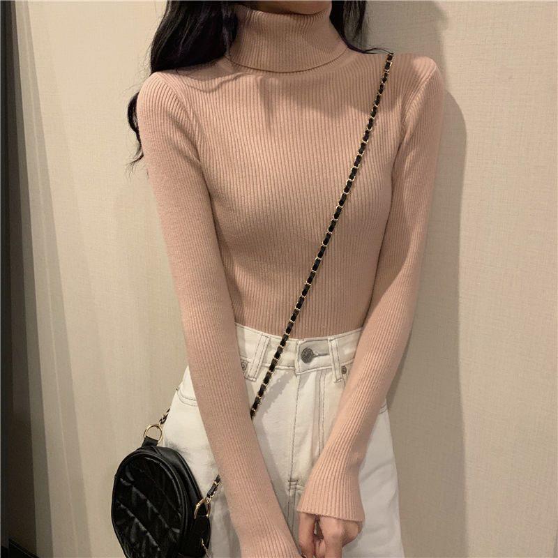 Women's Slim Fit Solid Turtleneck Sweater - Versatile Fashion Knit Pullover for Autumn & Winter