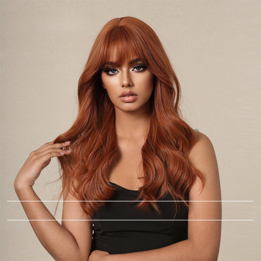 Wig Female Long Hair Orange Red Long Curly Hair Big Waves, Natural Simulation Girl Group Temperament Color Fashionable White Full Hood