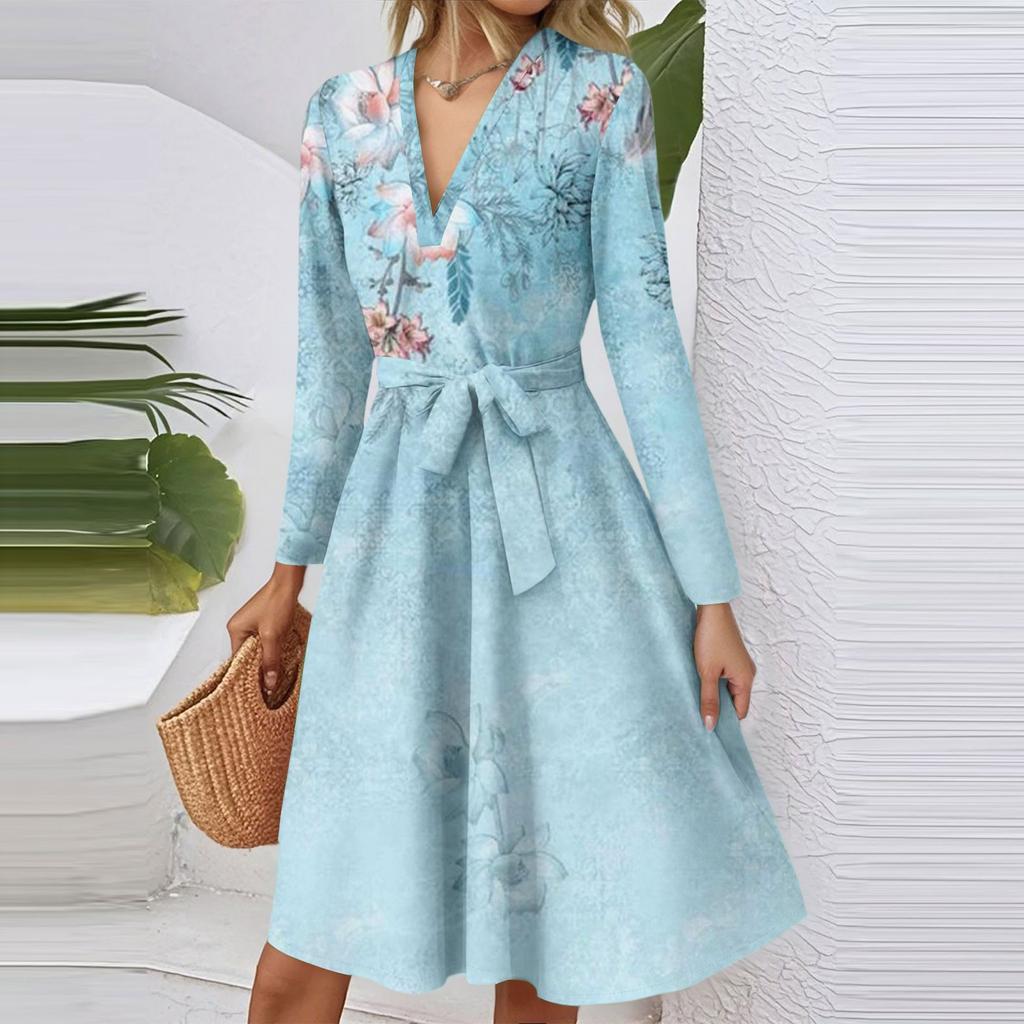 Women's Fashion Casual V-Neck Long Sleeve Waist Floral Print Midi Dress