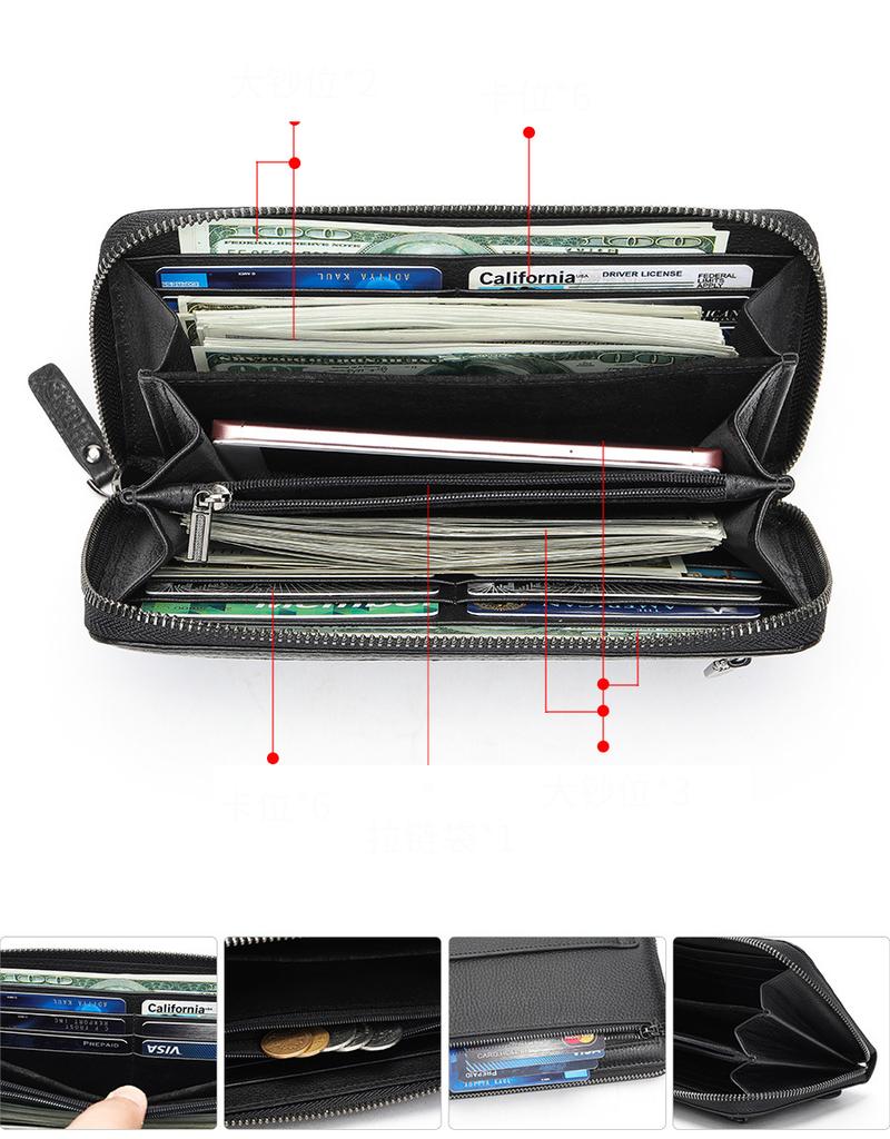 Men's First Layer Cowhide Clutch Bag Men's Leather Long Wallet Multi-functional Causal Fashion Clutch Bag Long Purse with Strap