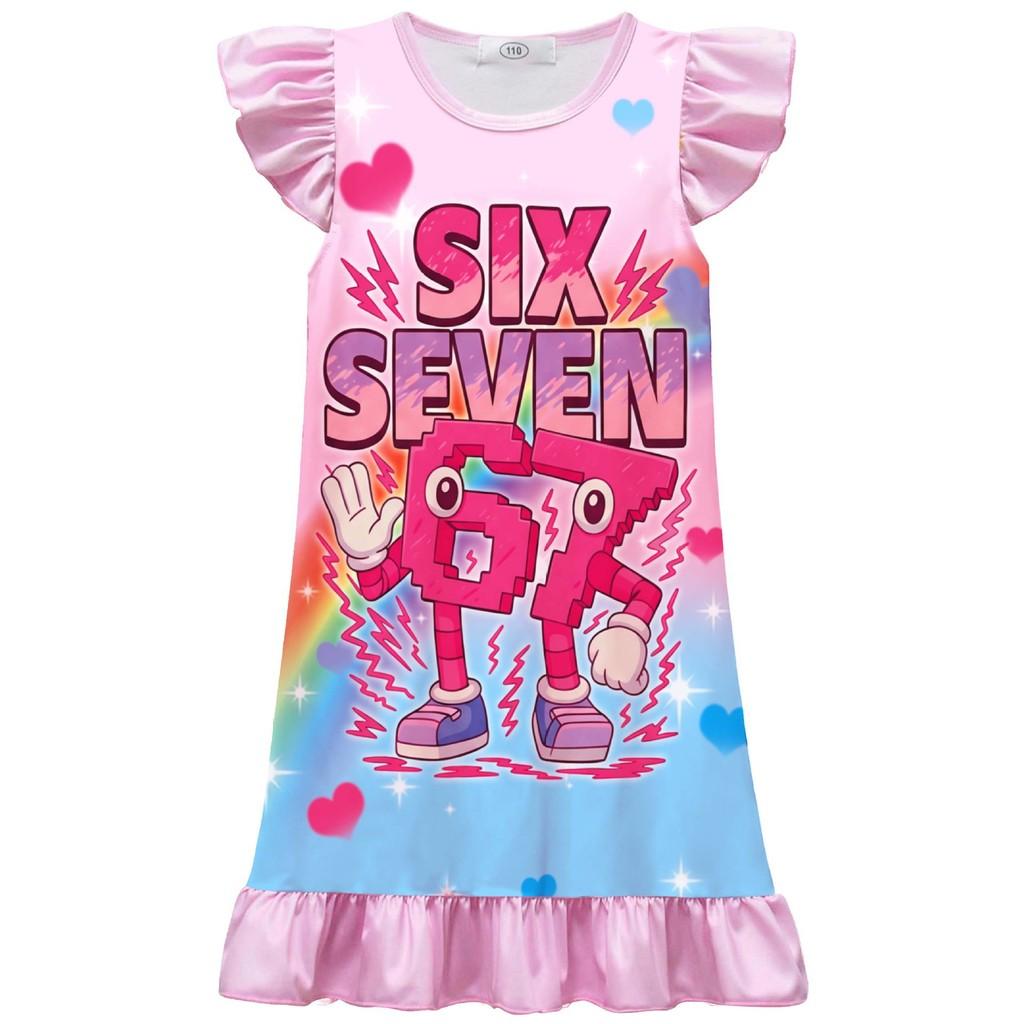 82603 Kids Girls Six Seven Brainrot 67 Print Casual Dress