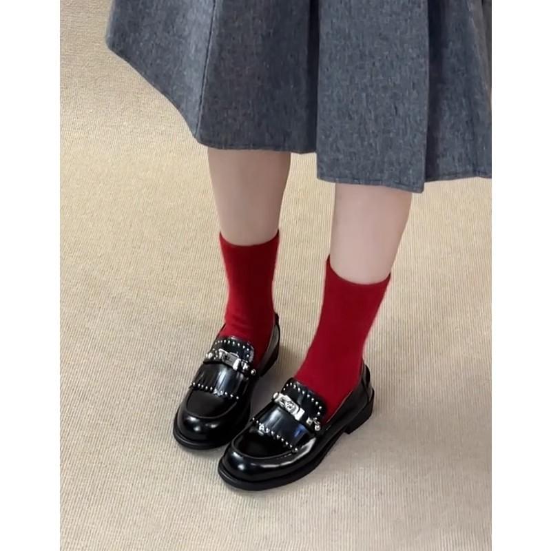 Cowhide new British style rivet genuine leather thick-soled small leather shoes women's spring fringed small gold buckle loafers flat single shoes