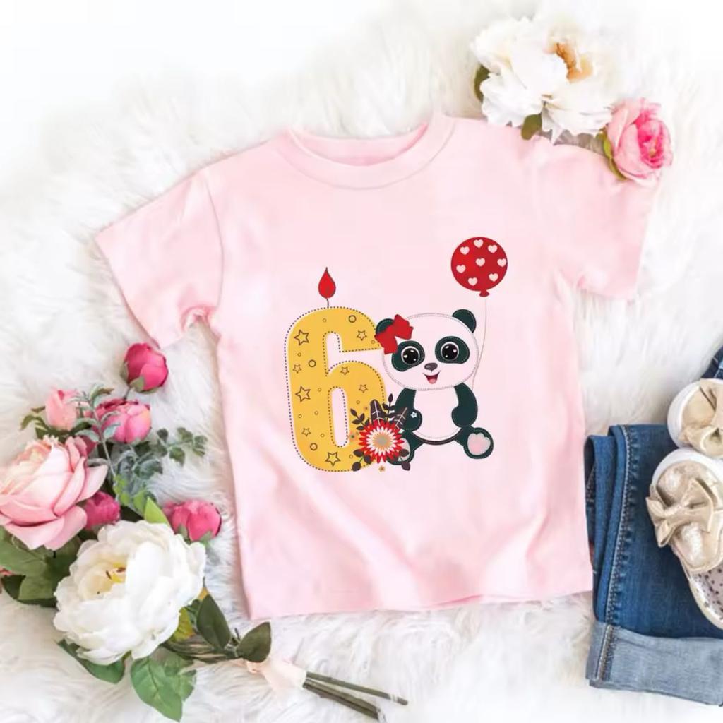 Hotselling Birthday Panda Digital Print Childrens Tshirts Roundneck Shortsleeved Tshirts for Boys and Girls Summer Modal