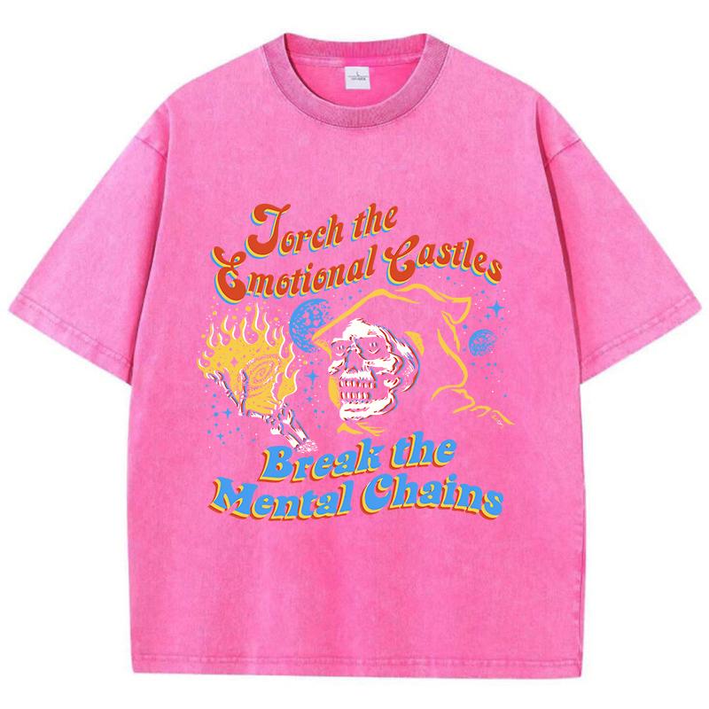 Street Women Washed T-Shirts Skeleton Witch Vintage Printed Tee Shirts Comfortable Cotton Oversize Tees Summer Clothes