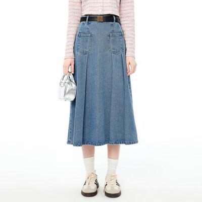 Ledian Double Pocket Denim Pleated Skirt