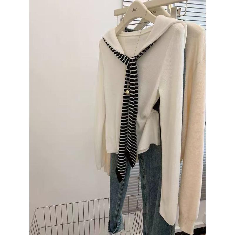 Женский трикотажный свитер с полосатой шалью, темно-синим воротником и белого цвета, новый топ, атмосфера, одежда для ранней осени L белый