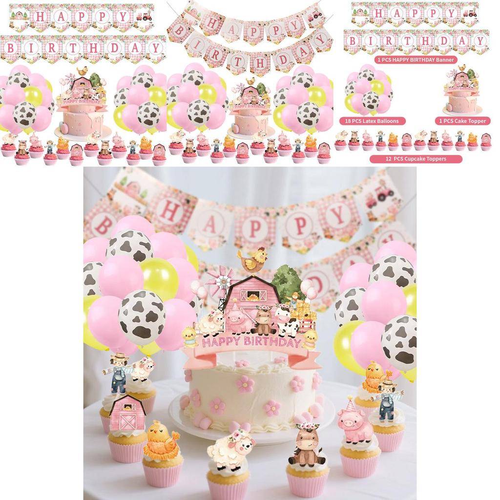 Farm Animal Birthday Party Banner And Balloon Decor Set With Paper Flags For Kids Celebration