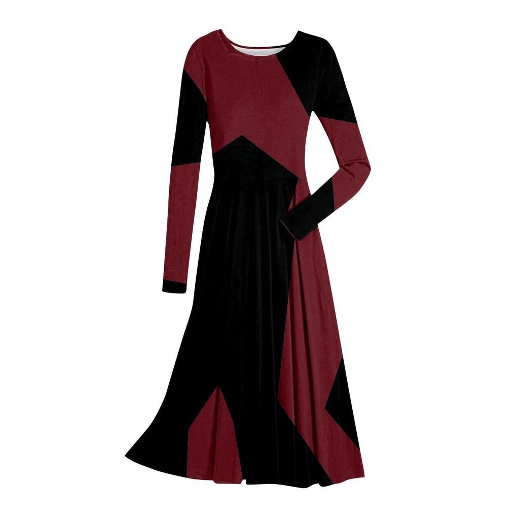 Kadın Modası Rahat Baskılı Yuvarlak Yaka Kazak İnce Kesim Uzun Kollu Elbise