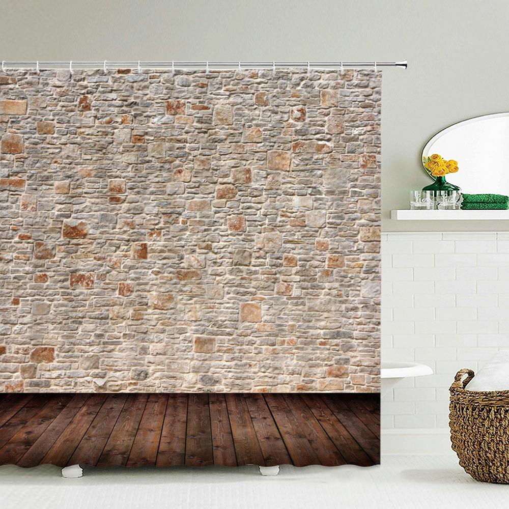 Retro Old Brick Wall Plant Printing Fabric Waterproof Shower Curtain Bathroom Curtains Bathtub Decor Bath Screen with 12 Hooks
