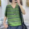 Women's Green Striped V-Neck Half Sleeve Knit Top Loose Casual Comfortable Daily Blouse