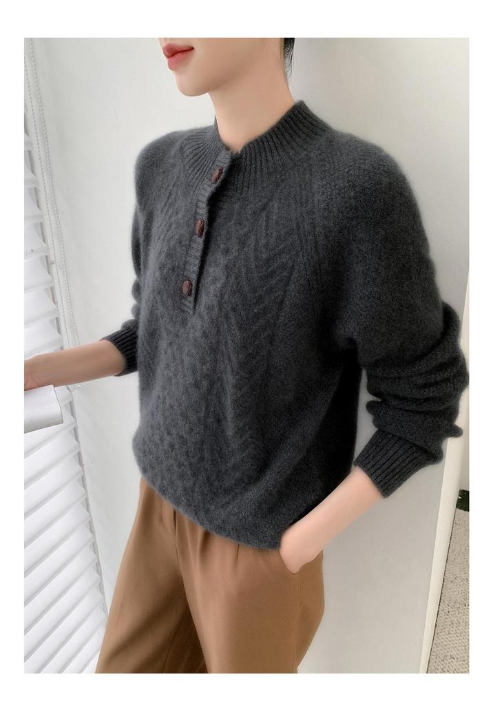 Women's Thickened Cashmere Sweater - Half-High Collar, Half-Button Cable Knit, Loose & Slimming Design