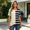 Women's Short Sleeve T Shirt Geometric Print Button Detail Round Neck Casual Top Lightweight Soft Fabric Blouse