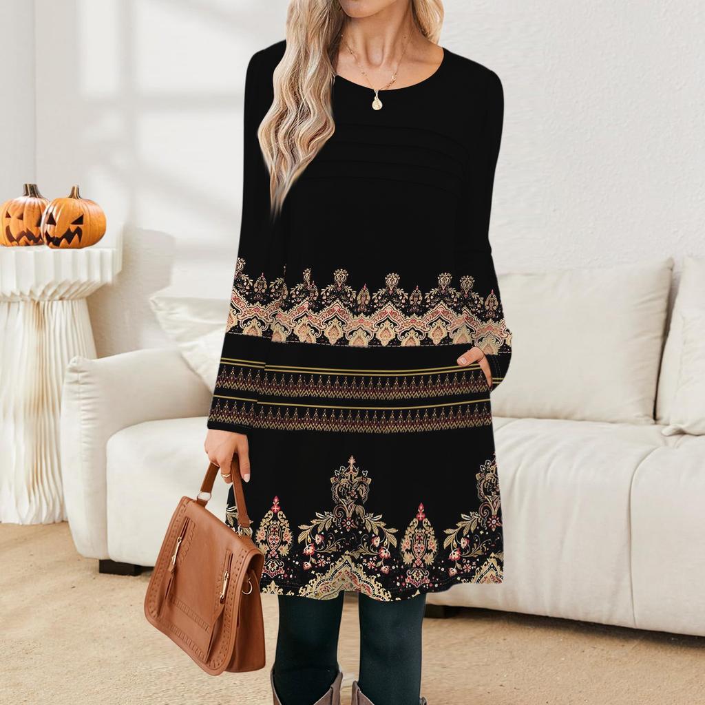 Rochie cu mânecă lungă pentru femei Toamnă Casual Tricou Croială lejeră Rochii cu pliuri în față cu buzunare