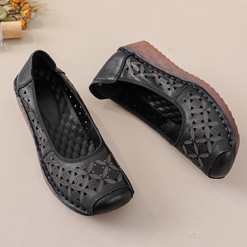 New genuine leather wedged sandals women's breathable summer autumn shoes elderly woman slip on shallow moccasins ladies sandal