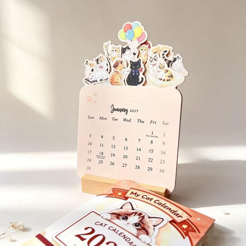2027 Süße Katze Blühende Blumen Schreibtisch Schreibtischkalender Holzsockel 12 Malerei Kunstkarten Monatsplaner Home Office Schuldekor