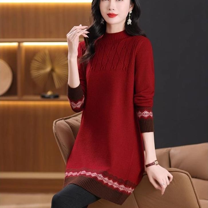 Half Turtleneck Knitted Sweater Women's Color Block Loose Mid-length Sweater Knitted Sweater Long-sleeved Casual Pullover Autumn and Winter Top