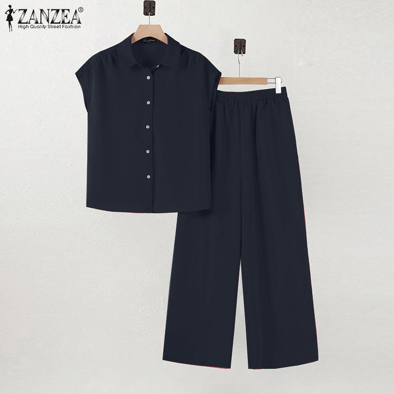 ZANZEA Dámská halenka s krátkým rukávem a kalhoty pro volný čas dvoudílné sady