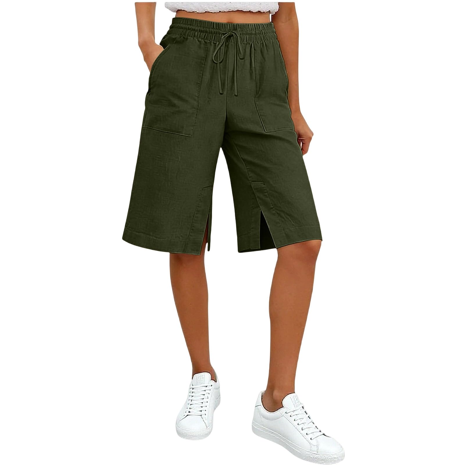 

Women s Fashion Elastic Waist Drawstring Pocket Split Leg Loose Casual Straight-Fit Five-Inch Shorts L