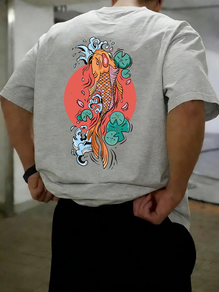 Japanese Koi Fish Mens Tshirt Loose Shortsleeved Summer Casual Pure Cotton Retro Clothing Suitable for Both Men Women