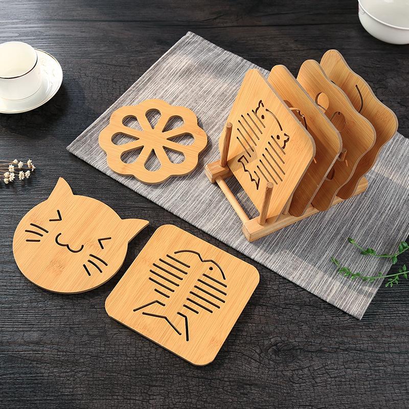 Household kitchen wooden insulation mat, square, cartoon, animal shaped dining table mat, thick, heat-resistant, hollow, non slip coaster