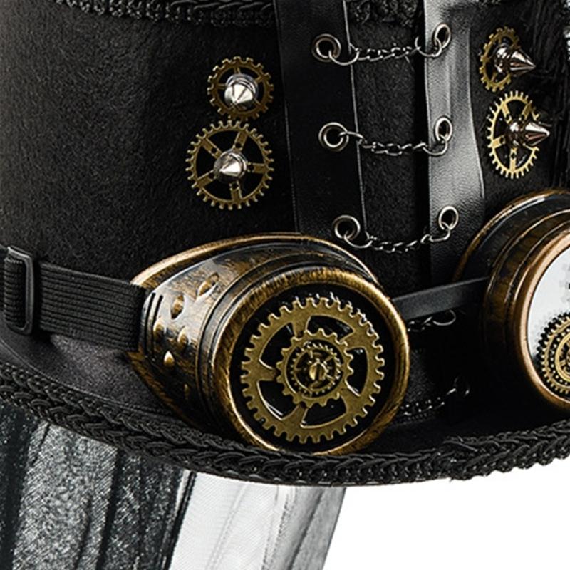 Gothic Metal Gear Hat Costume Accessory With Goggles and Rose Flower Long Veil Magicians Tall Hat for Theme Event