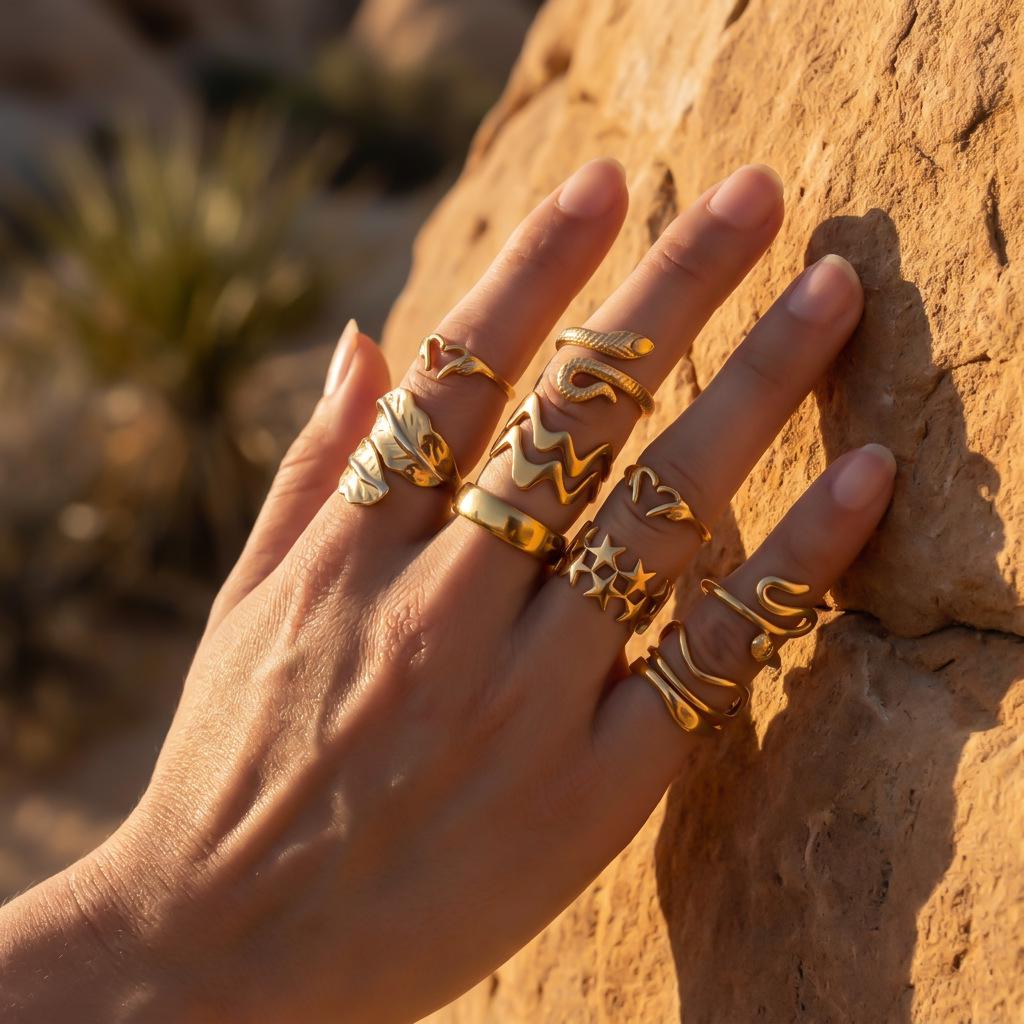 Gold Snake & Star Stainless Steel Adjustable Ring Set (9 Pieces)