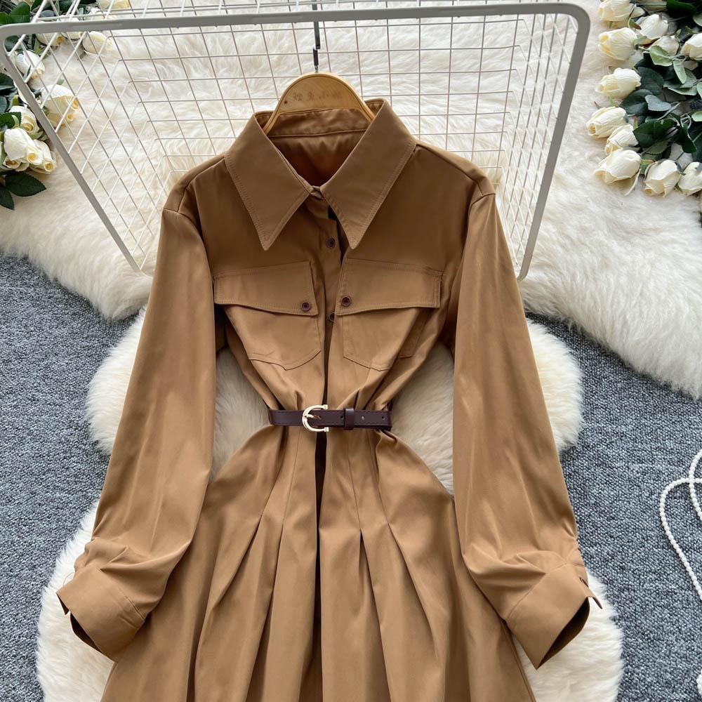 French Light Maturity Minimalist Retro Lapel Long Sleeve Single Button Waist Cinching Dress Women Autumn Slim Fit Elegant Maxi Dresses