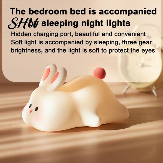 Kid Room Night Light Silicone Big Face Rabbit Tap USB Rechargeable Convenient Charging with Dimmable Timer Soft Eye-Protective LED for Sleeping