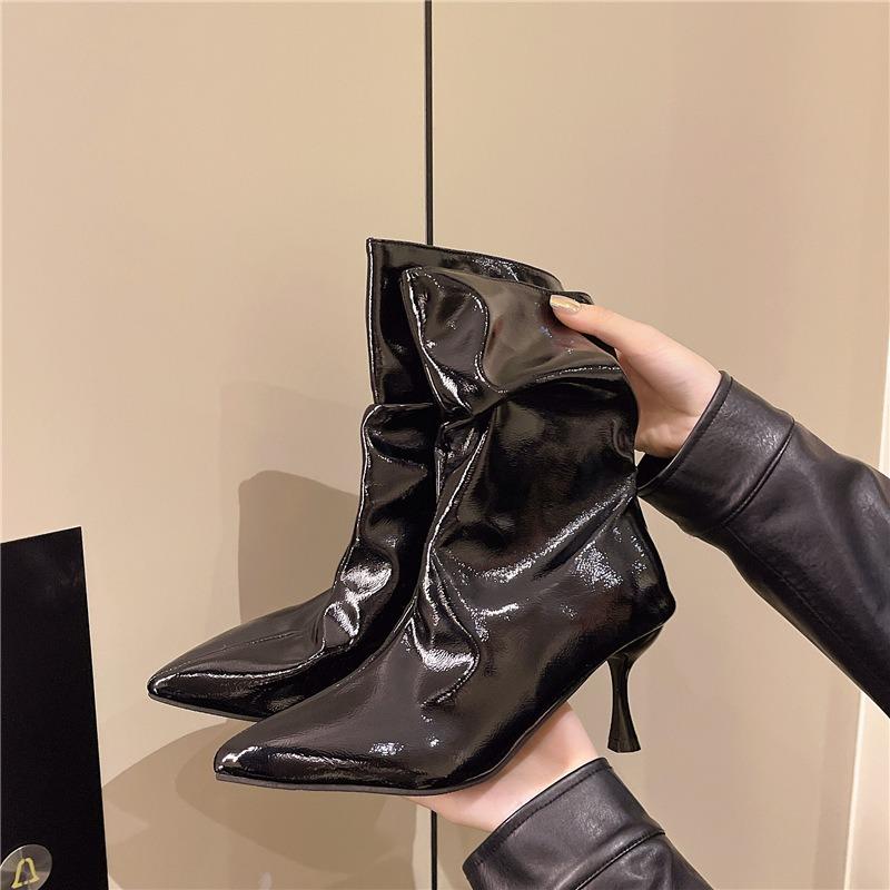 High-heeled boots autumn and winter new thin heels but knee patent leather diagonal boots Spice Girl Knight short boots