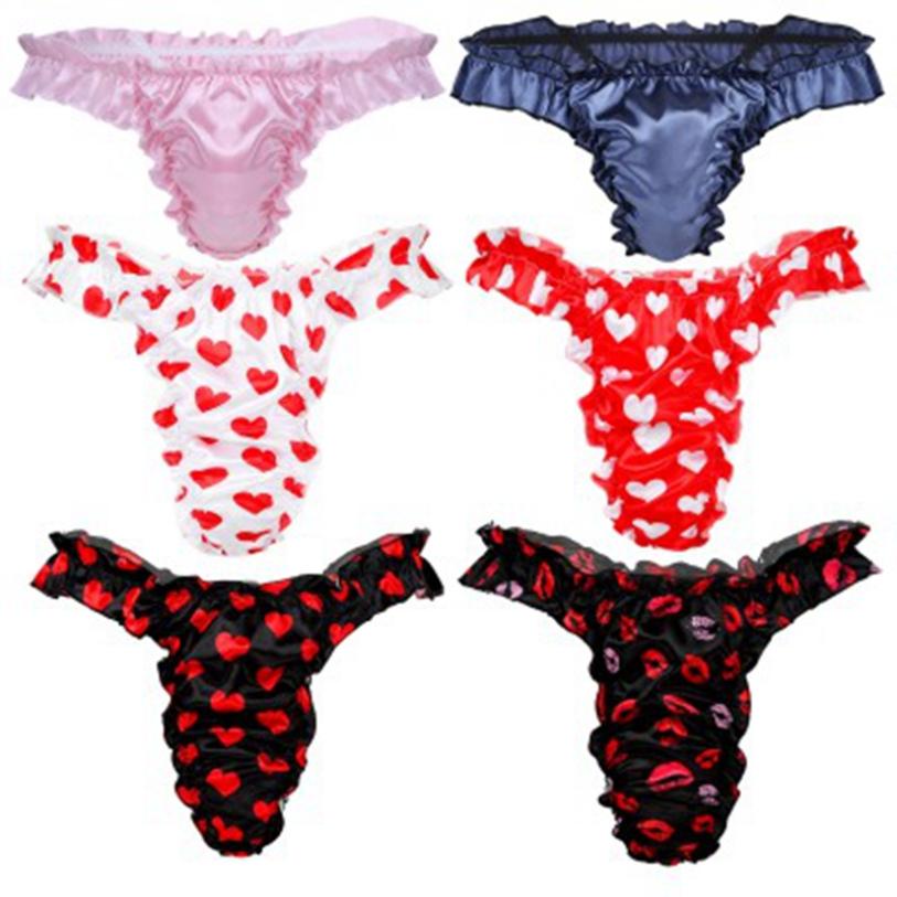 Mens Satin Underwear Sissy Bikini Briefs Thong Ruffle Lace Shiny Panties Underpants