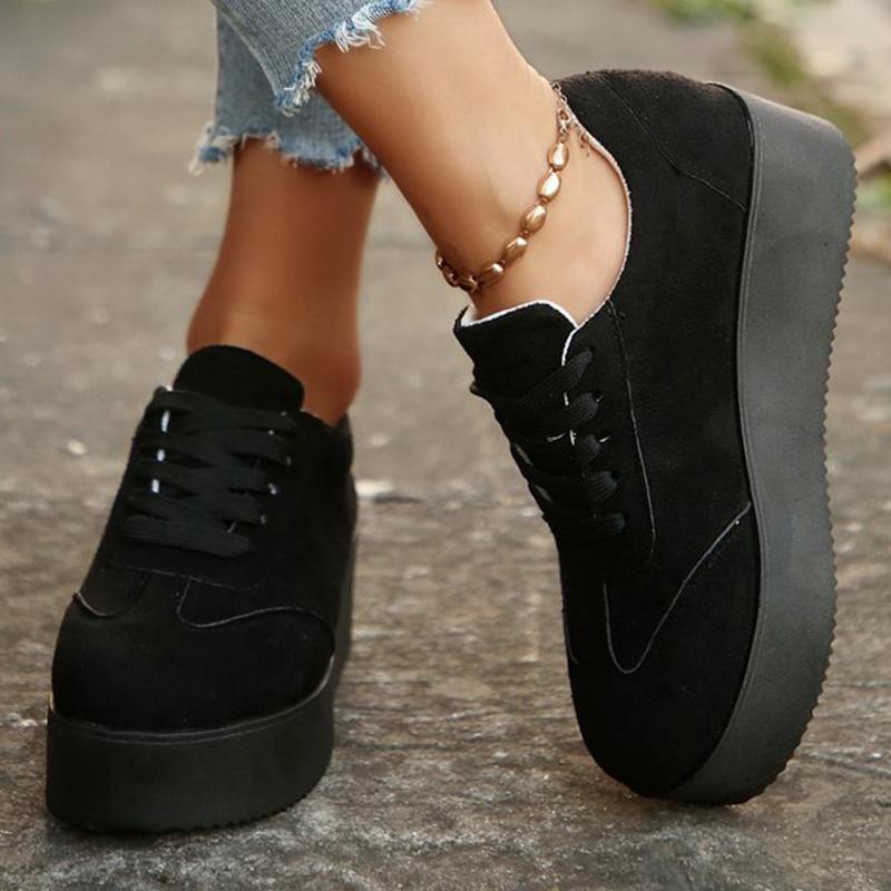Fashion Plus Size Chunky Heel Sneakers Women Spring Autumn Lace Up Black Sneakers Woman Faux Suede Platform Vulcanize Shoes Female
