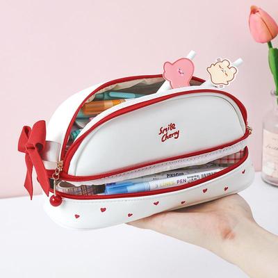 Large Capacity Cherry Pencil Cases Double-Layer Portable Strawberry Love PU Waterproof Pencil Bag Kawaii Students' Stationery