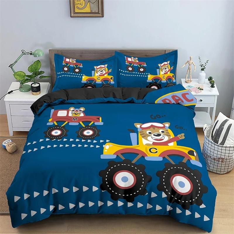 Cartoon Bear And Car Duvet Cover Bedding Set For Children Kids's Bedroom Soft Cozy Quilt/Comforter Covers King Twin 2/3PCS