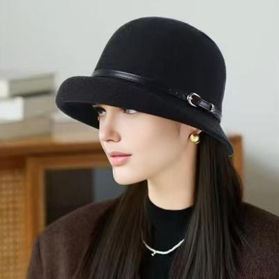 Basin Hat British Style Woolen Casual Hat with Rolled Brim Faux Leather Strap Women Autumn Winter Urban Hat