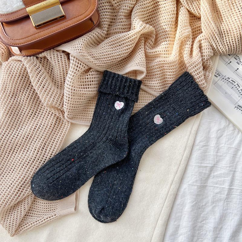 

10Pair Pianzi Yarn Wool Socks Children S Flip Lace Love Embroidery Stacking Socks Autumn And Winter Thickened Knitted Medium Tube Women S Socks One size темно-серого