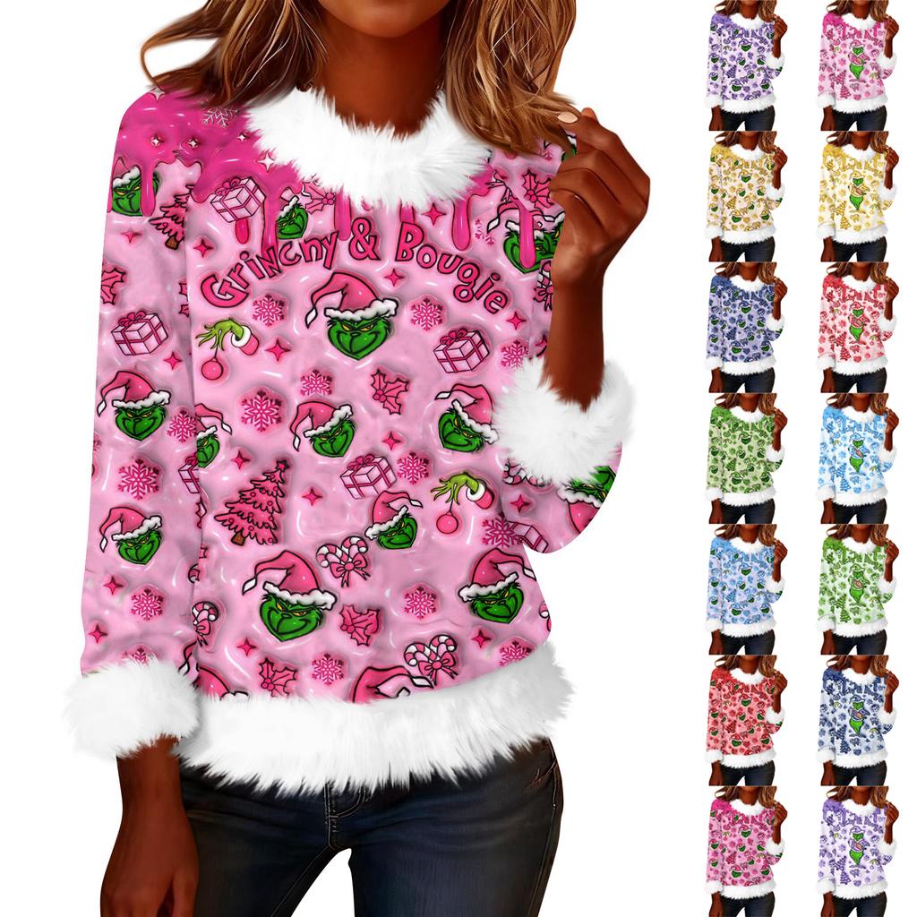 Women's Fashionable Christmas Printed Round Neck Long Sleeved Casual Pullover T-shirt Top