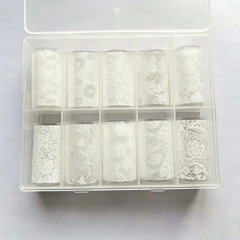 10er-Pack Schwarz-Weiß-Spitzen-Nagelaufkleber - Französisches Sexy Gitterdesign