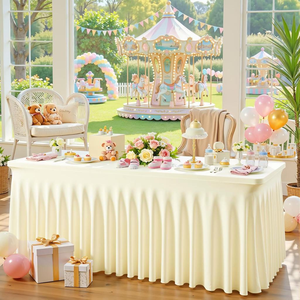 4/5/6/8Ft Spandex Tablecloth,Wrinkle Free Fitted Table Cloth Cover with Skirt for Parties Weddings Birthday Banquet Baby Shower
