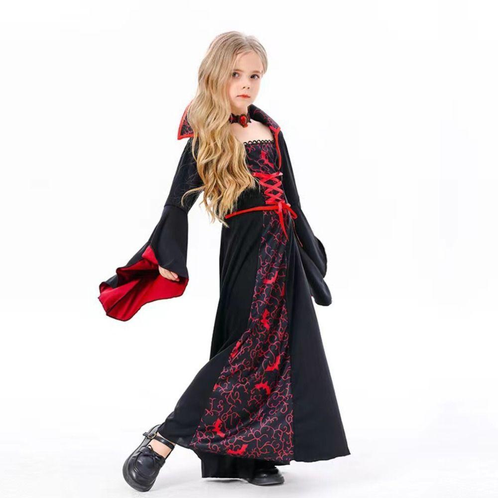 Lace Up Halloween Witch Long Dress Stand Collar Children Medieval Printed Dress  Kids