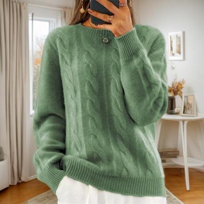 2024 Women's Autumn/Winter Casual Cable Knit Sweater - Solid Color Round Neck Pullover